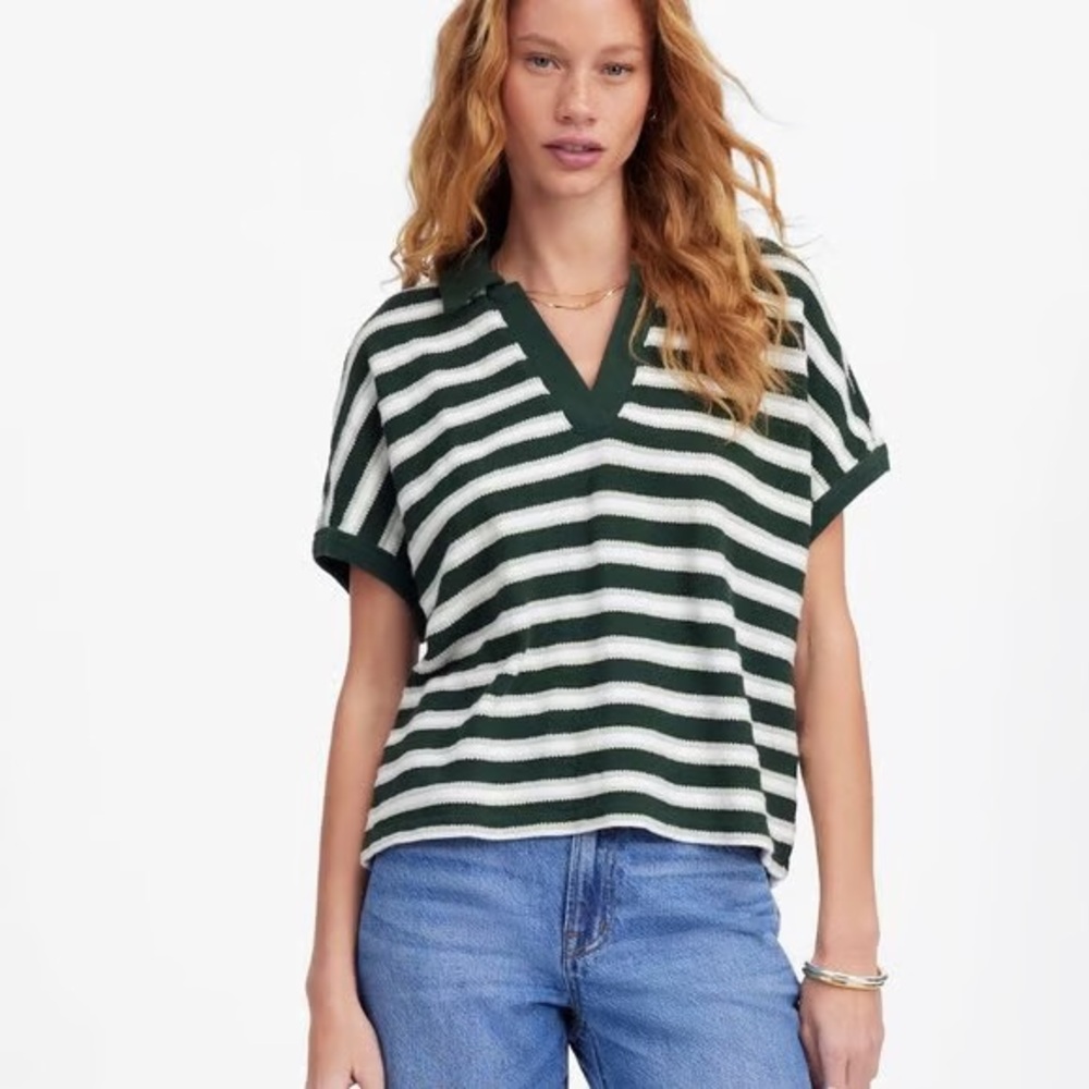Madewell Relaxed V Neck Polo Shirt in Stripe Green